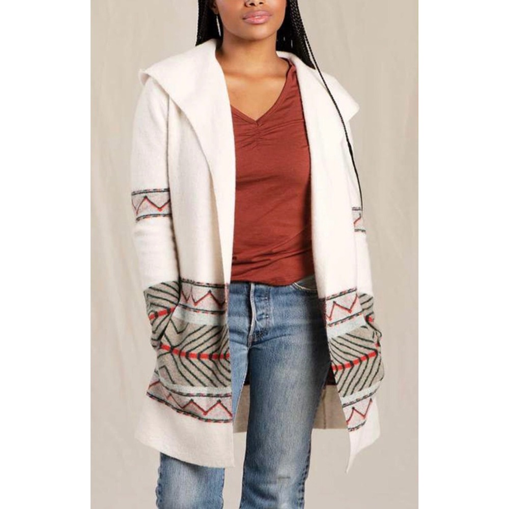 Toad&Co Merino Heartfelt Hoodie XL White Geometric Wool Open Cardigan T1071409